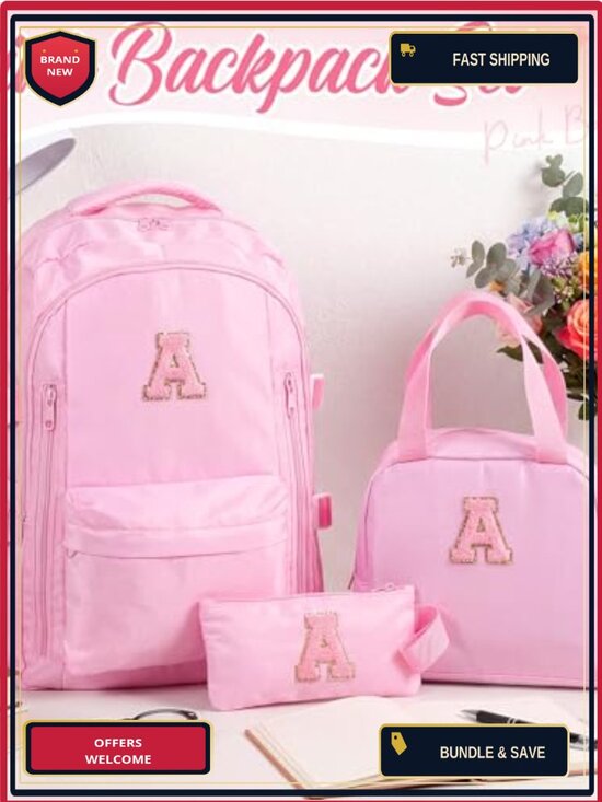 3-Piece Personalized Initial Backpack Set with Lunch Bag and Pencil Case,